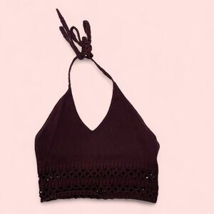 Cute burgundy plum crochet knit tie neck crop halter LA Hearts boho festival